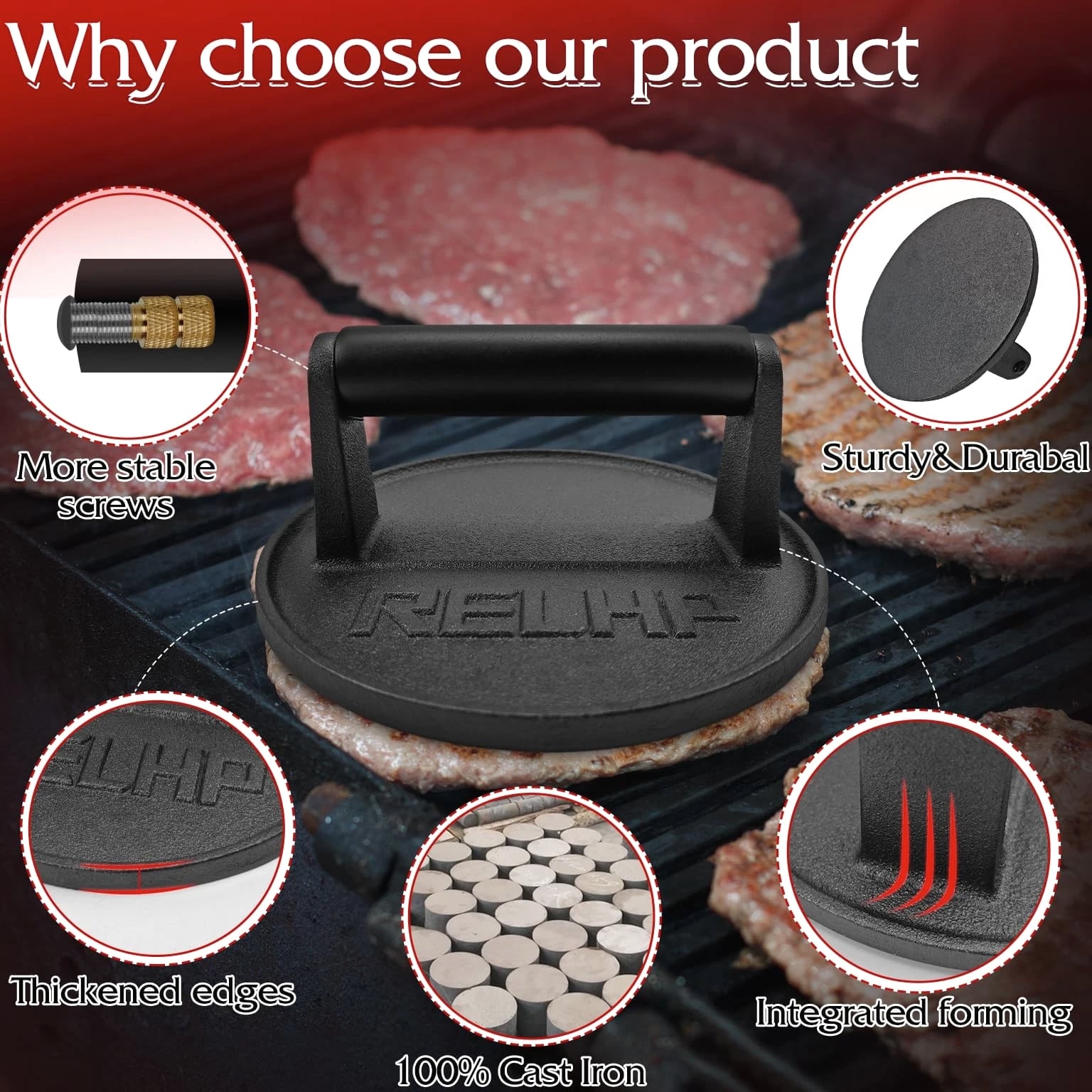 Burger Smasher 6.5" Round Smash Burger Press Heavy-Duty Cast Iron Smash Burge...