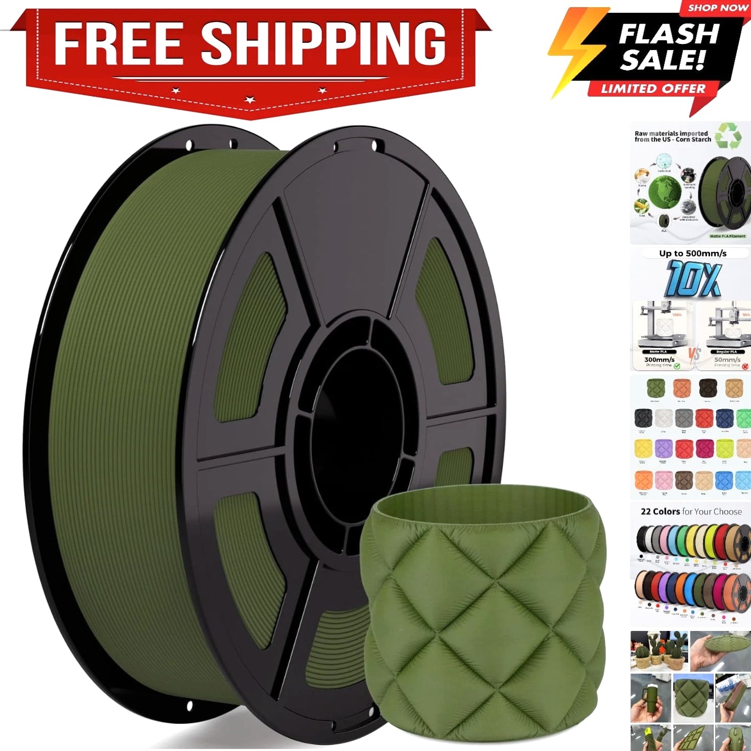 Matte PLA Filament 1.75mm Army Green PLA 30-300mm/s 3D Printer Filament 1kg 2...