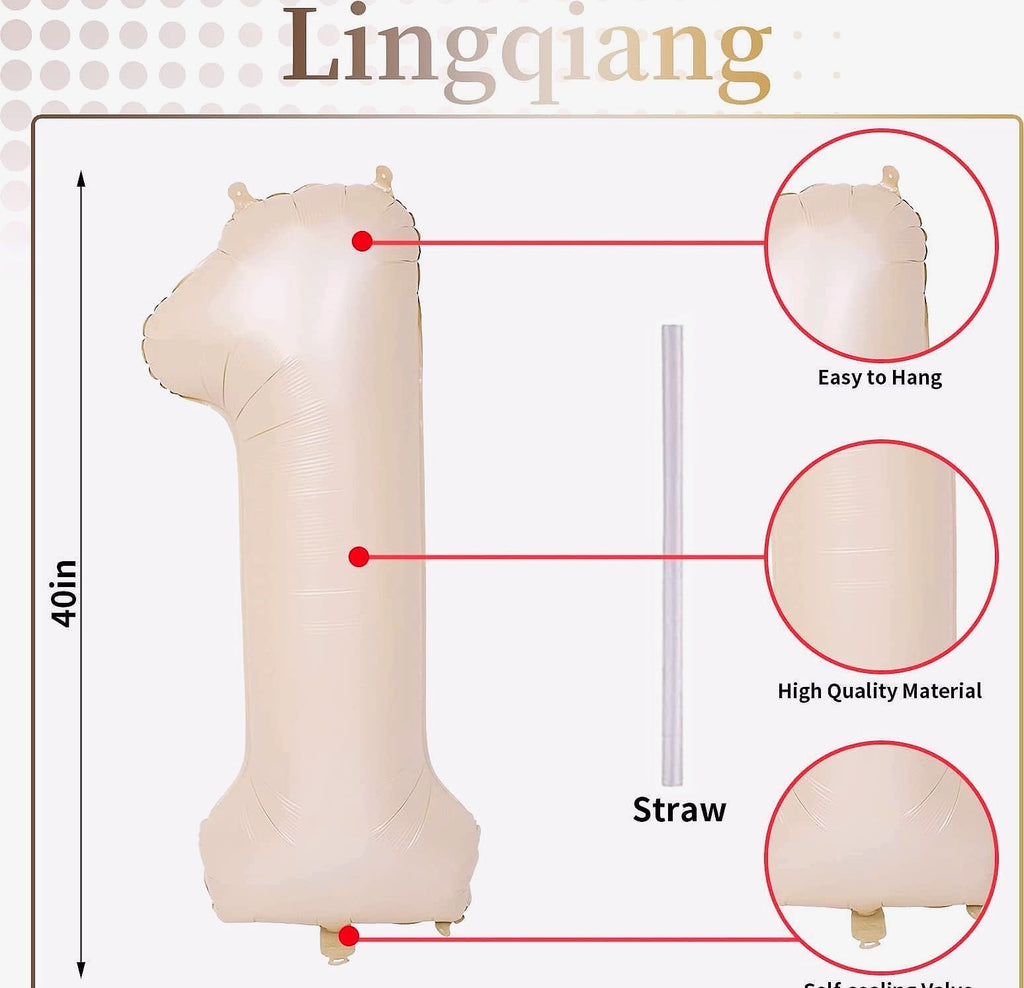 Lingqiang 40 Inch Number 1 Balloon Beige Foil Party Decoration