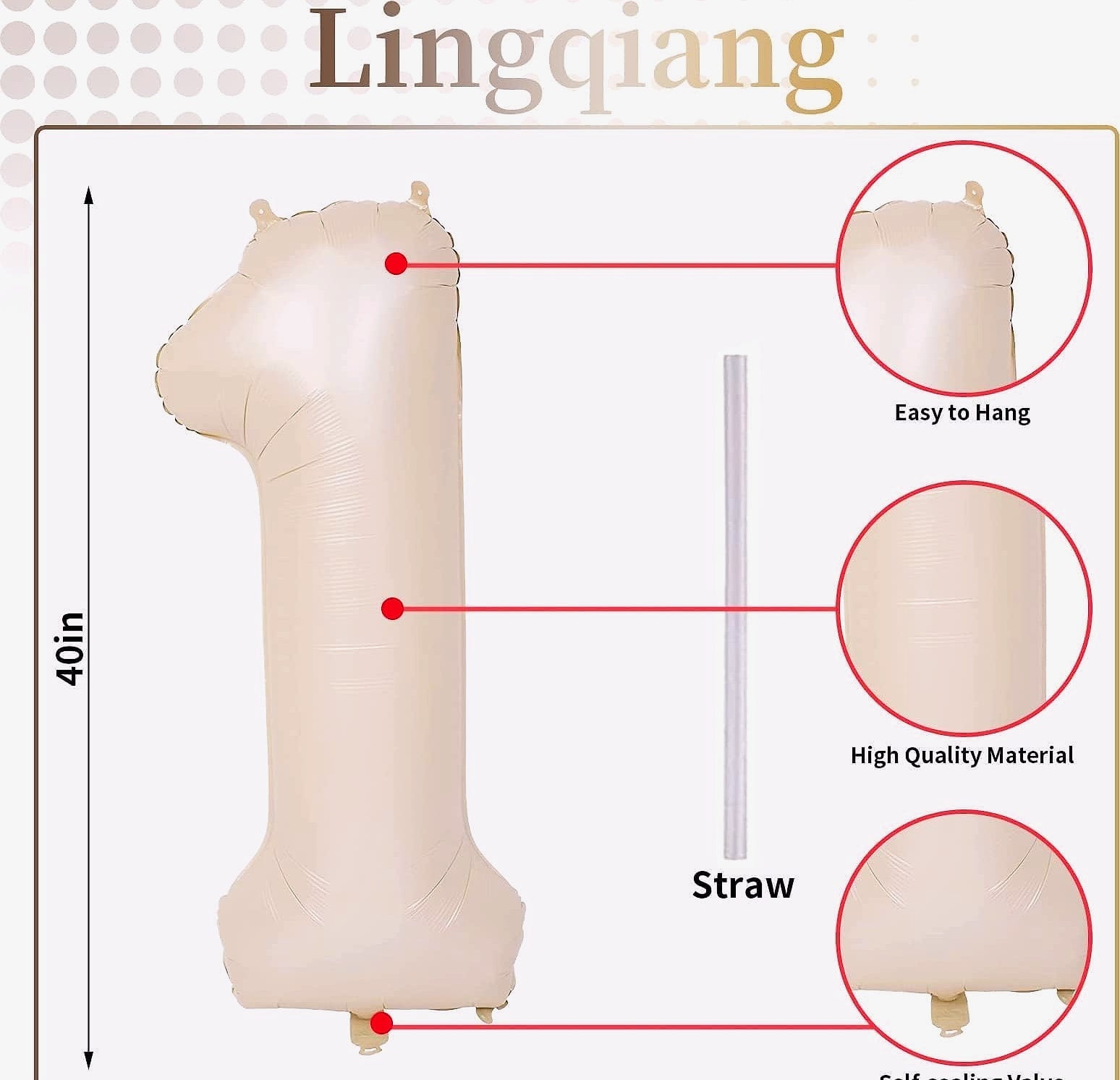 Lingqiang 40 Inch Number 1 Balloon Beige Foil Party Decoration