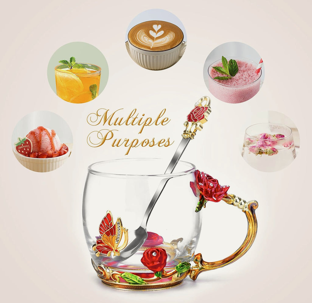 OEAGO Enamel Glass Coffee Mug with Butterfly and Rose Design