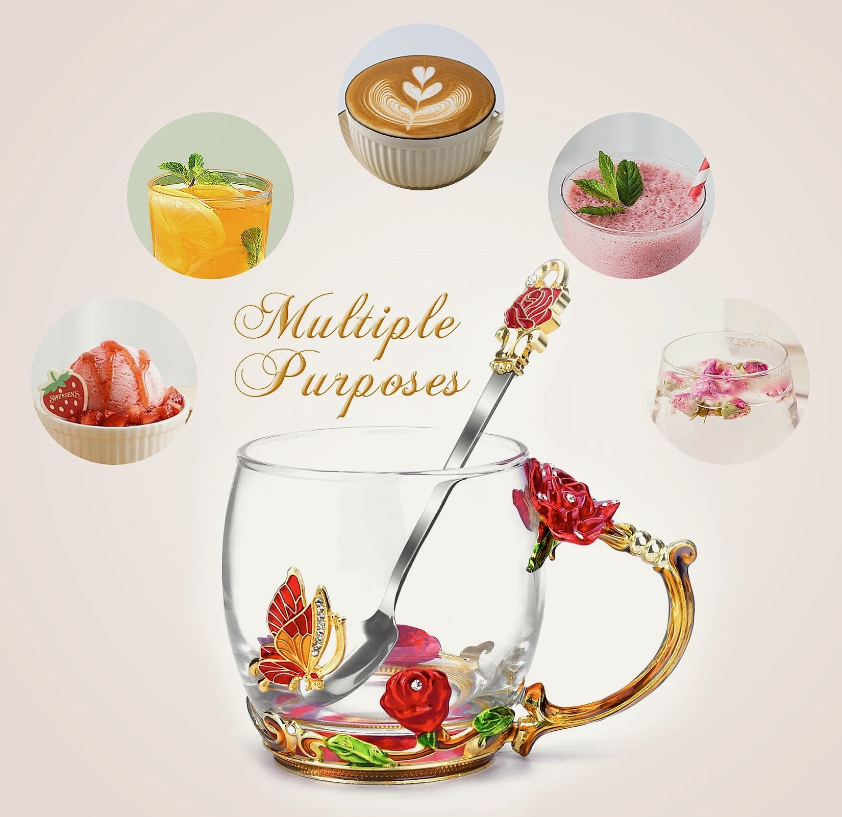 OEAGO Enamel Glass Coffee Mug with Butterfly and Rose Design