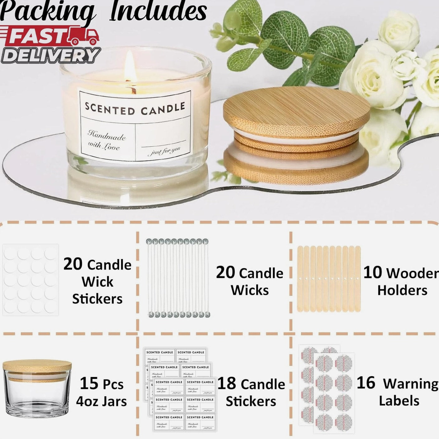 4 Oz Clear Candle Jars (15 Pack) - Small Wide Mouth Glass Jars with Bamboo Lids