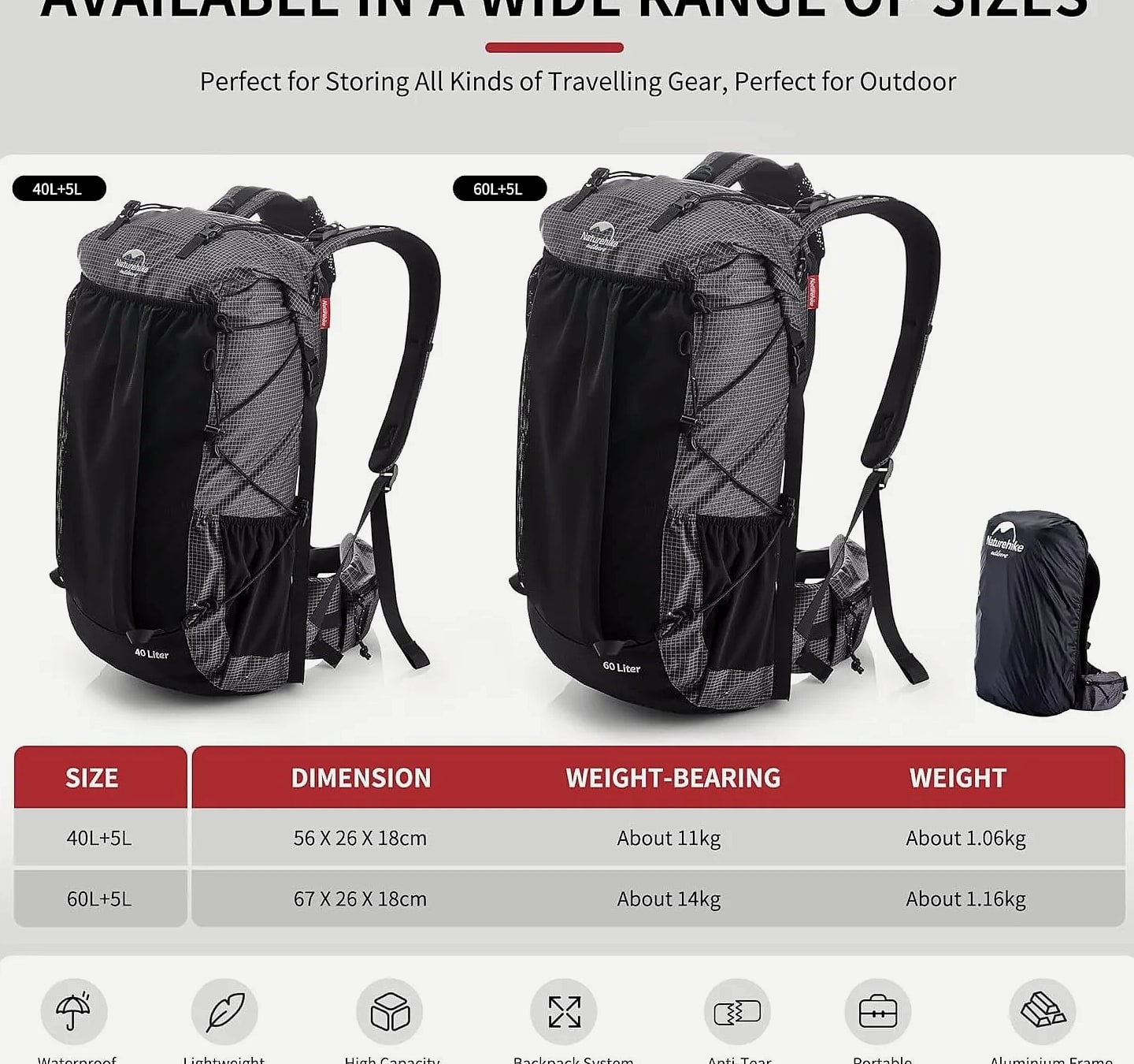 Naturehike 60+5L Mountain Backpack Hiking Travel Bag