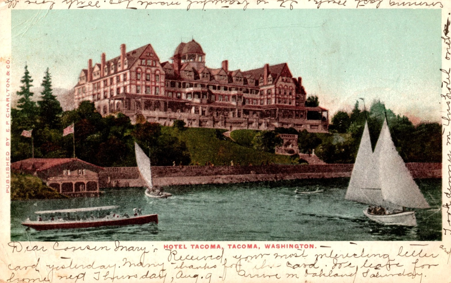 Vintage Postcard 1906 Hotel Tacoma Washington Sailboat Water View