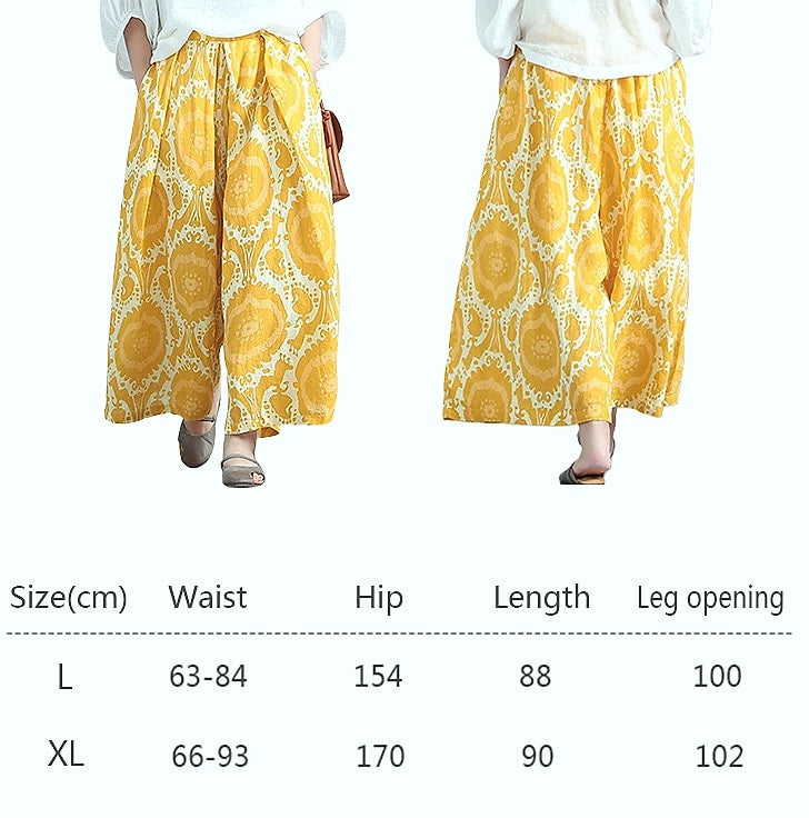 Yellow Linen Blend Wide-leg Casual Pants with Elastic Waist