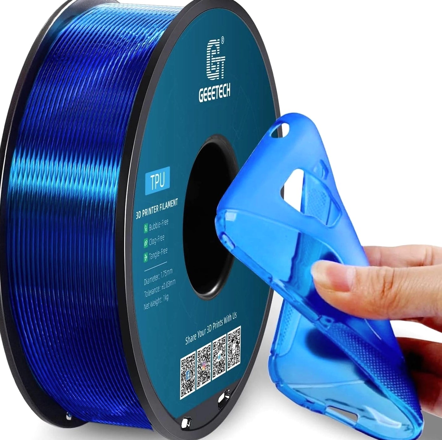 Flex TPU Filament 1.75mm 95A Shore, Clear Blue Flexible