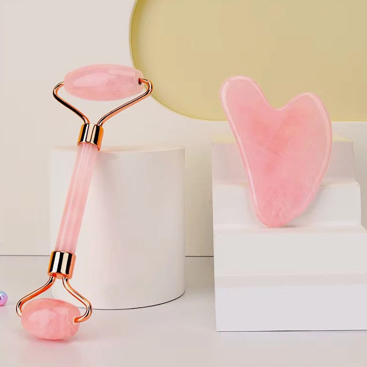 Genuine Jade Stone Massage Natural Quartz Scraper Jade Roller Gua Sha Set - White
