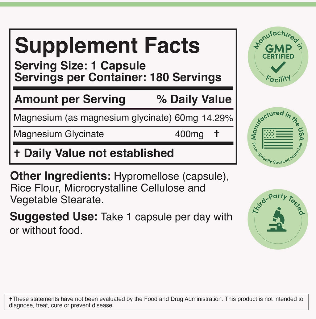 Double Wood Supplements Magnesium Glycinate 400mg, 180 Capsules