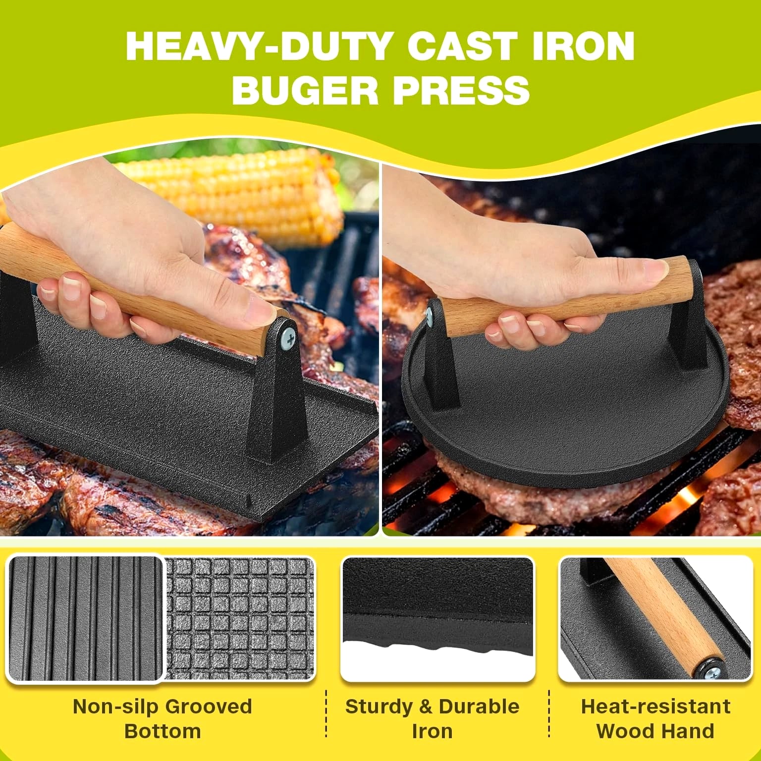 3PCS Smash Burger Press Kit, 6.8" Round & 8.3"x4.1" Rectangular Cast Iron Gri...