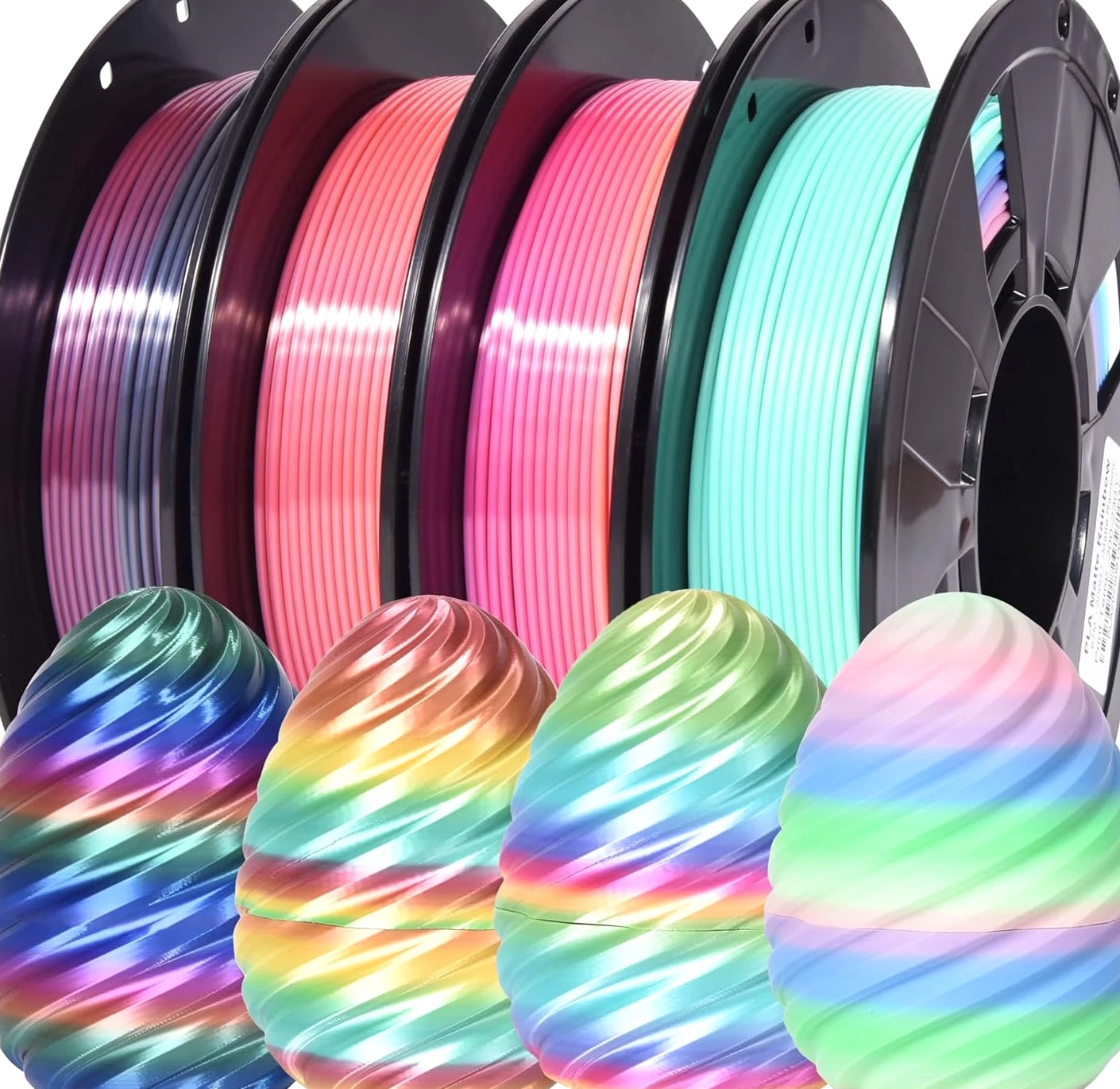 4-Pack Silk Matte Rainbow PLA Filament 1.75mm - Multicolor Fast Color Change 3D