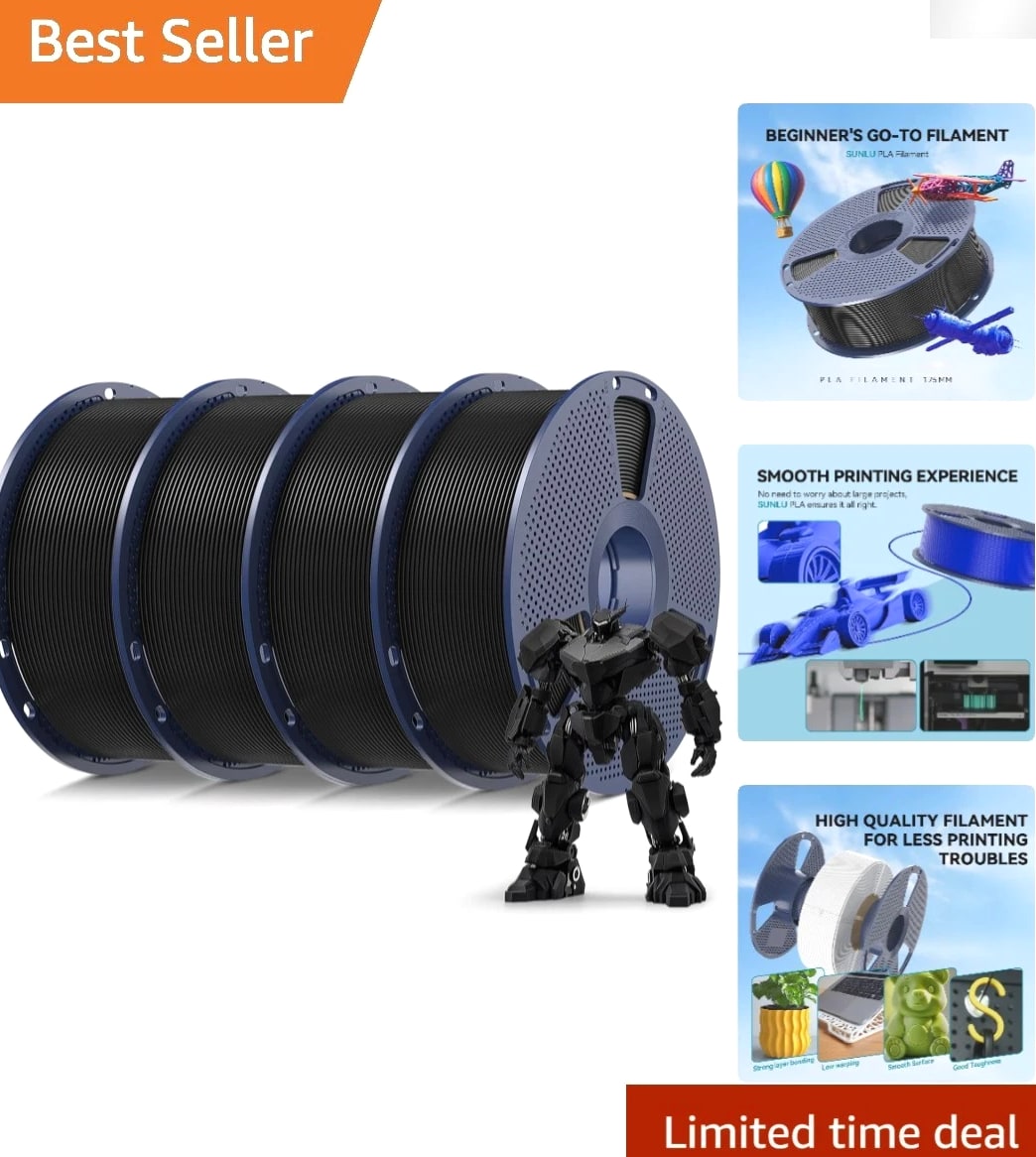 4 Black PLA Filament Spools - 1.75mm, 4kg, Smooth Quality Prints