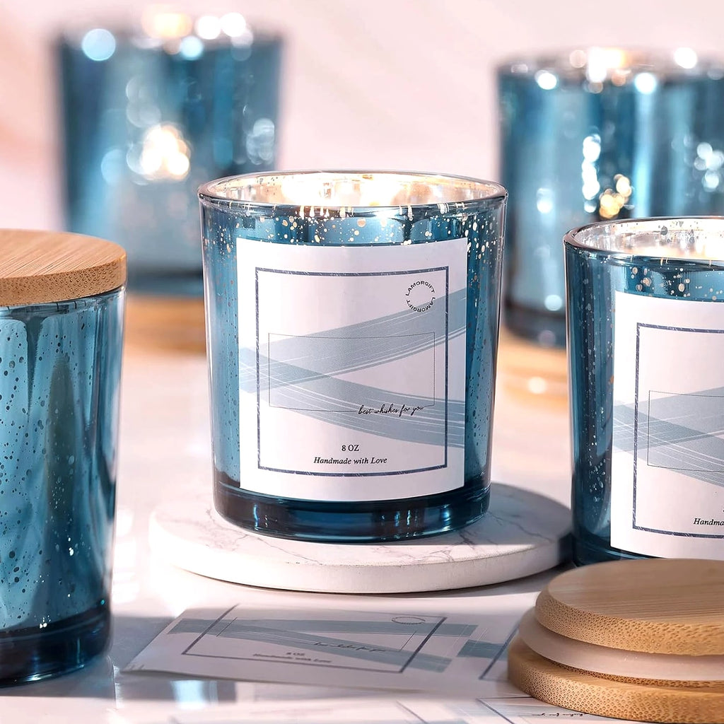 LAMORGIFT 15 Pack Glass Candle Jars with Lids (8Oz, Lake Blue) - Candle Making Containers