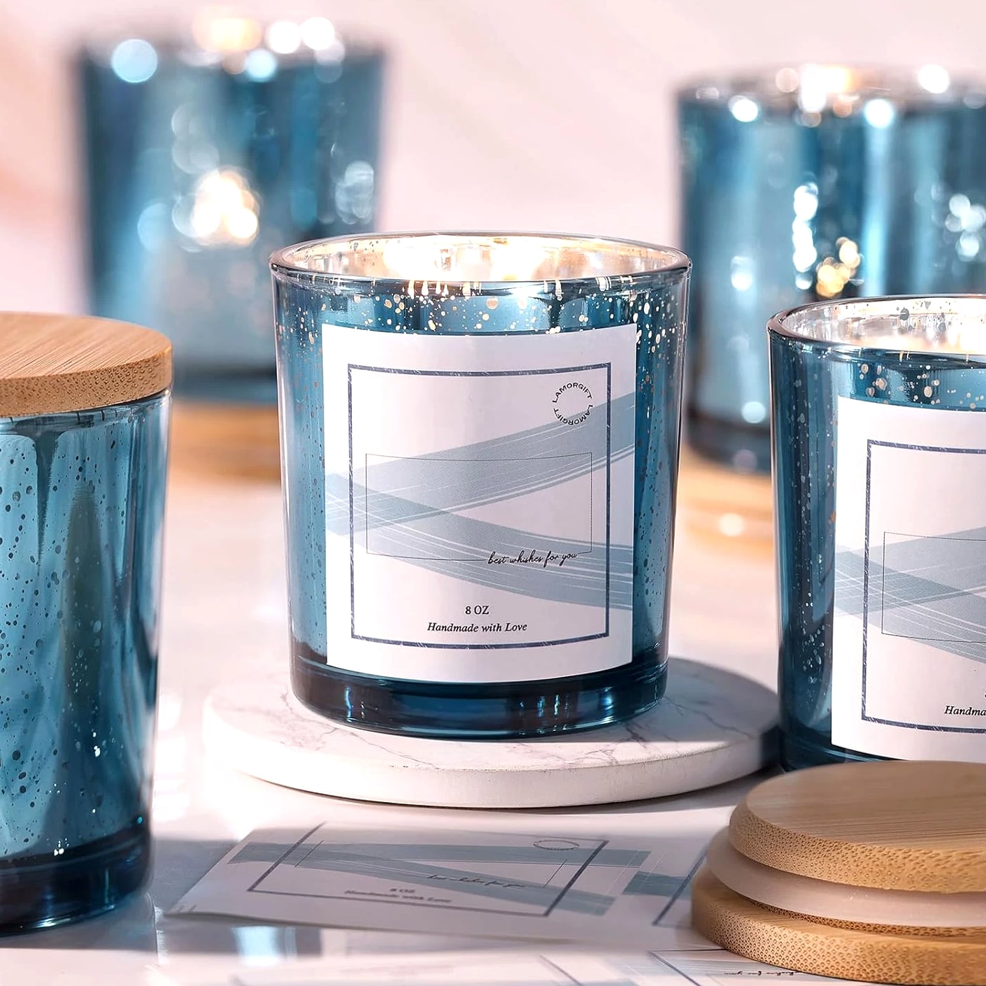 LAMORGIFT 15 Pack Glass Candle Jars with Lids (8Oz, Lake Blue) - Candle Making Containers