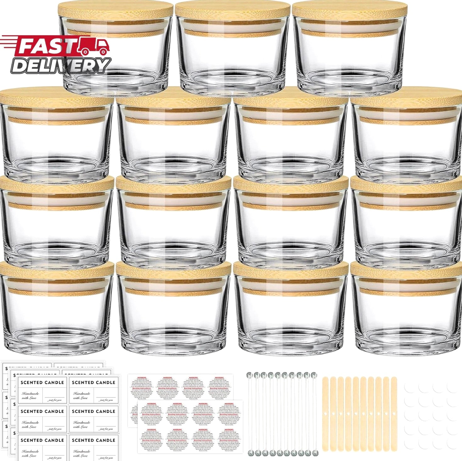 4 Oz Clear Candle Jars (15 Pack) - Small Wide Mouth Glass Jars with Bamboo Lids