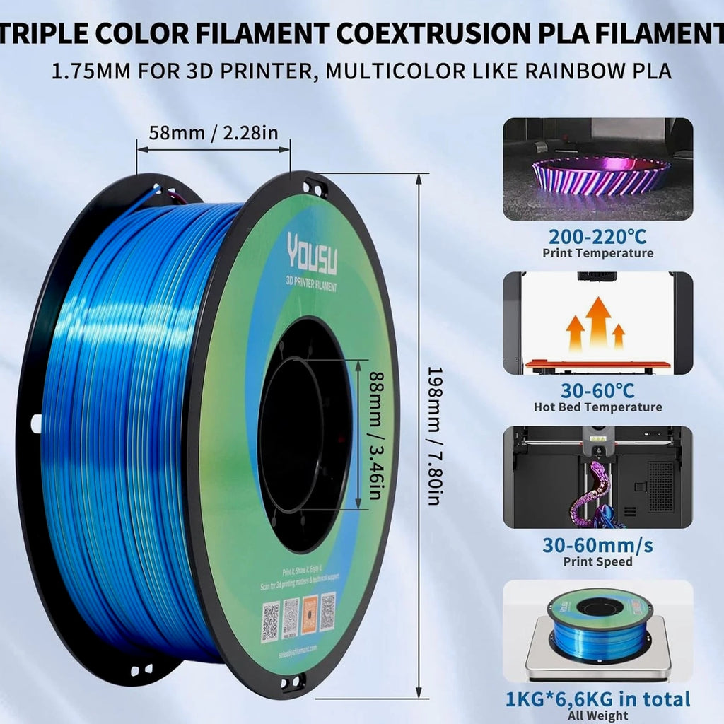 3D Printer Filament Silk PLA, Rainbow Color, 1.75Mm Tri-Color Filament 6 Pack