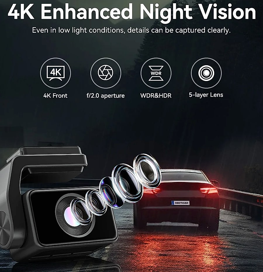 Redtiger A4 4K Dash Cam with GPS, WiFi, and Rear Camera