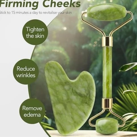 Jade Roller & Gua Sha Set for Face - Cooling, Firming, Sculpting Tool for Skin