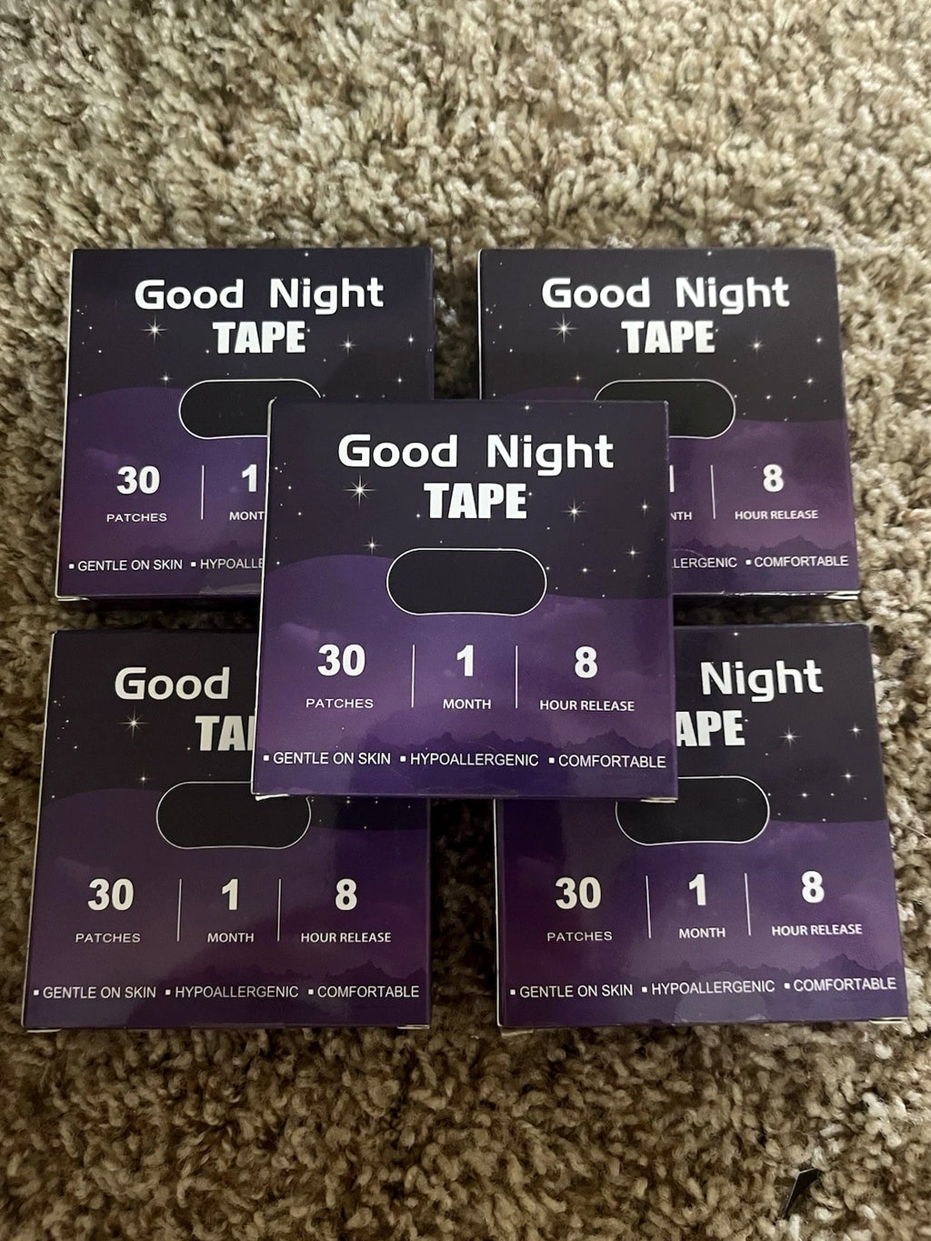 Good Night Tape 8 Hour Release 30 Patches Per Box - Gentle on Mouth - 5 Packs