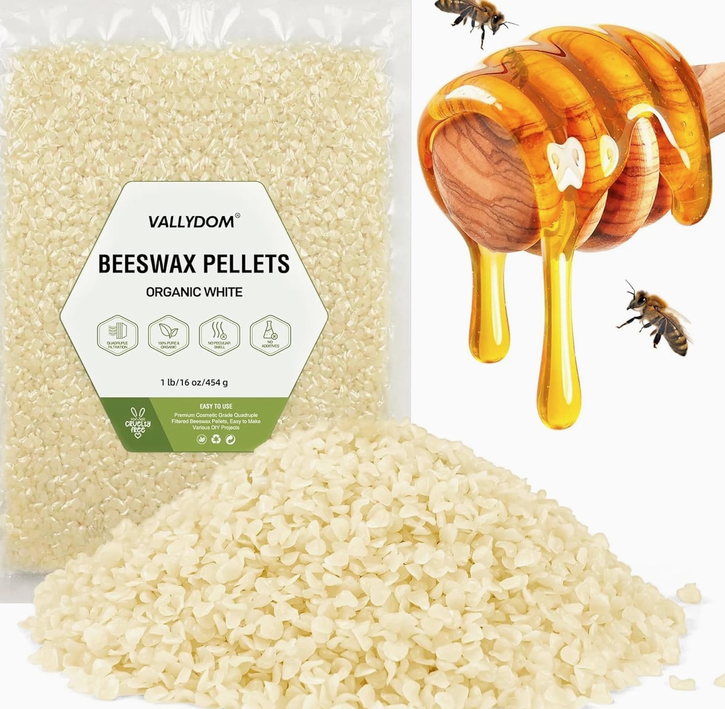 Organic Beeswax Pellets - 453G White Beeswax Pastilles, Pure Natural Bulk Bees