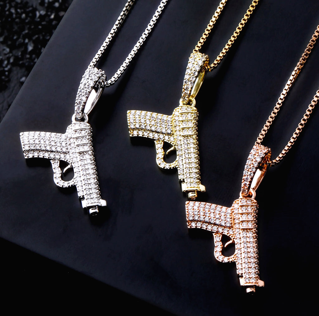 TOPGRILLZ 925 Sterling Silver Pistol Pendant Necklace
