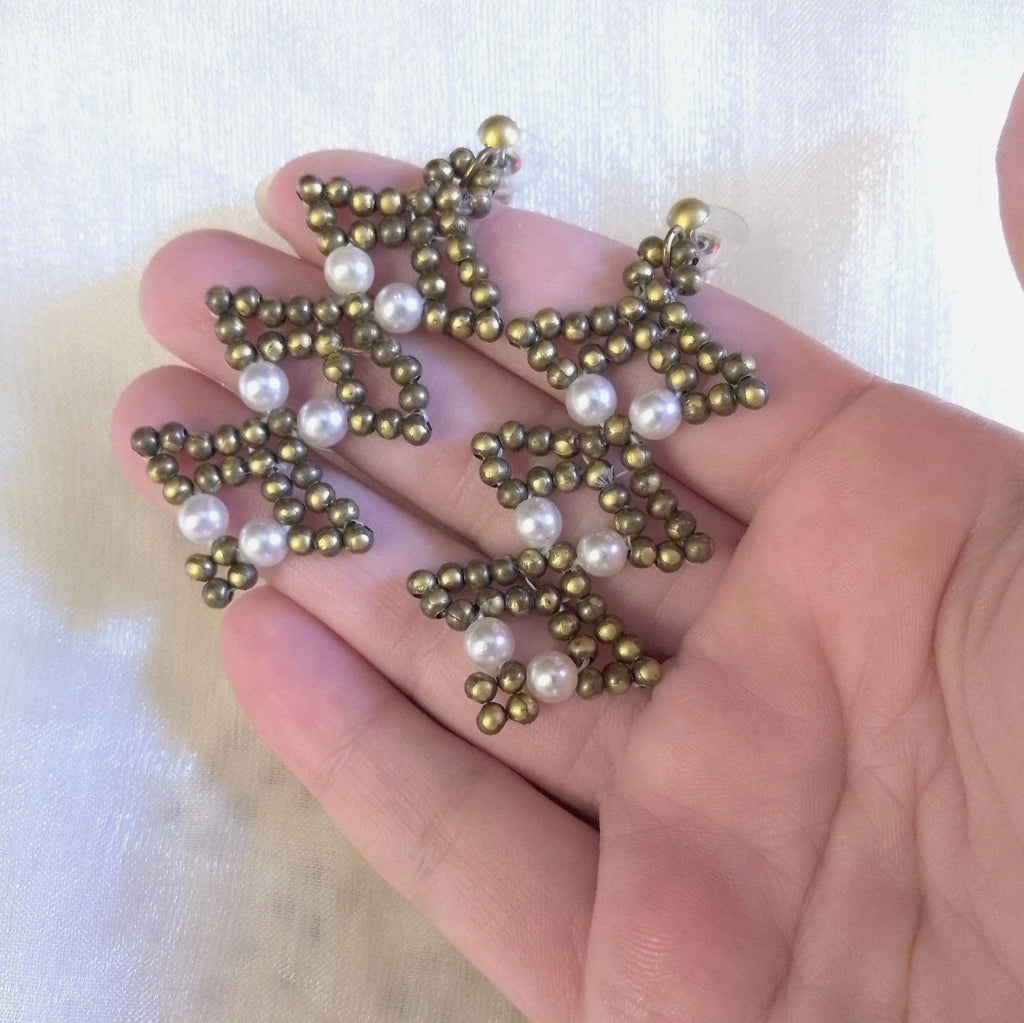 Vintage Brass Pearl Touch Class Earrings Craft Necklace Jewelry Set