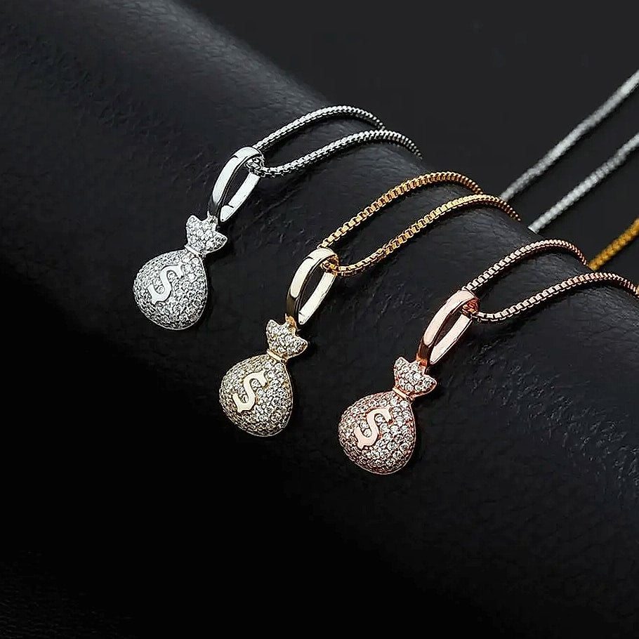 TOPGRILLZ 925 Sterling Silver Money Bag Pendant Box Chain