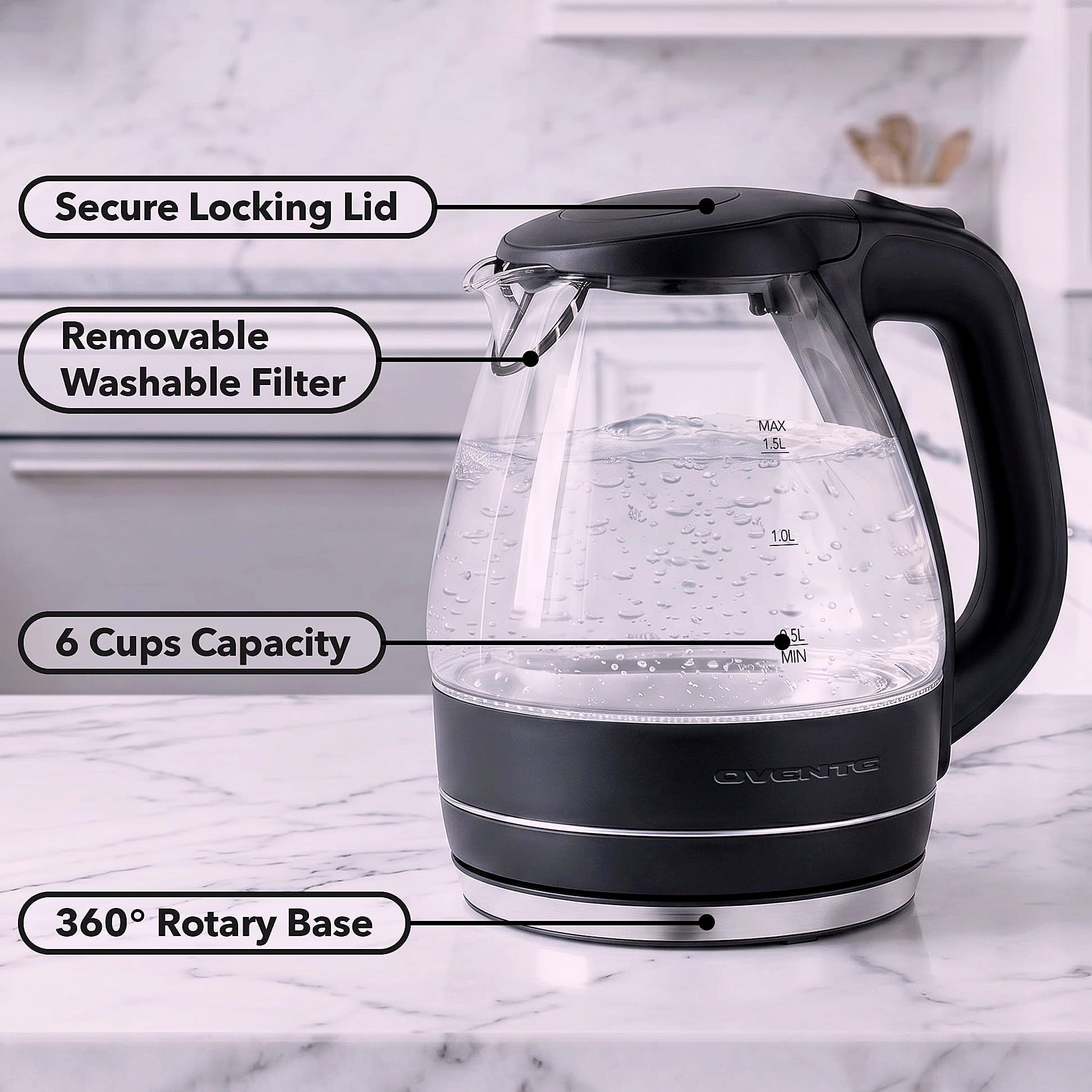 OVENTE KG83B Electric Kettle, 1.5L Borosilicate Glass Water Boiler