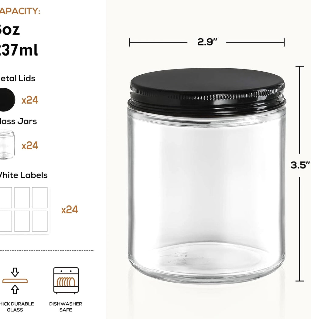24 Pc, 8 OZ Thick Glass Jars with Metal Lids, Clear Round Candle Making Jars