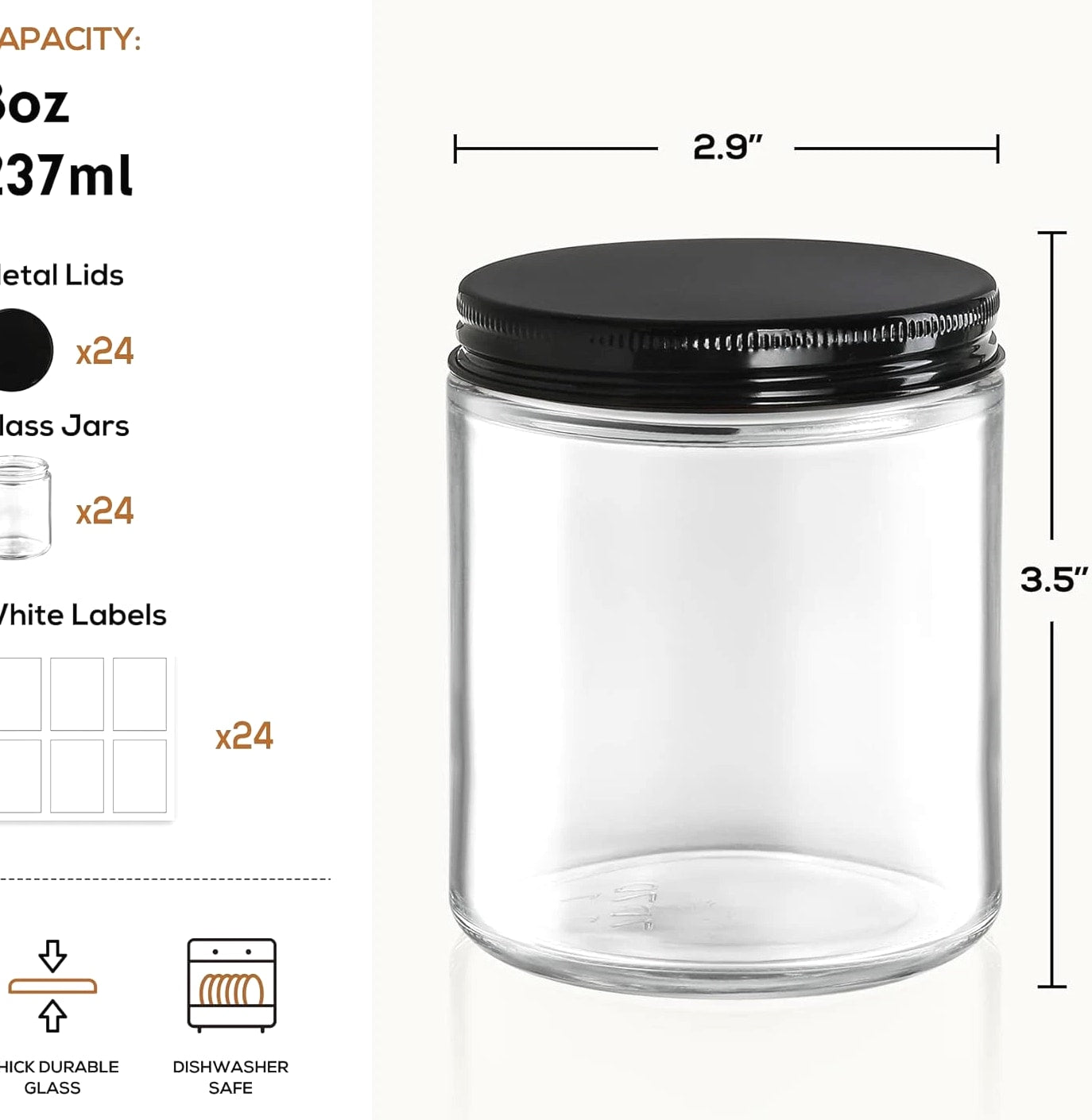 24 Pc, 8 OZ Thick Glass Jars with Metal Lids, Clear Round Candle Making Jars