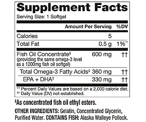 Finest Nutrition Half-Size Fish Oil 1200mg Softgels 200 Count