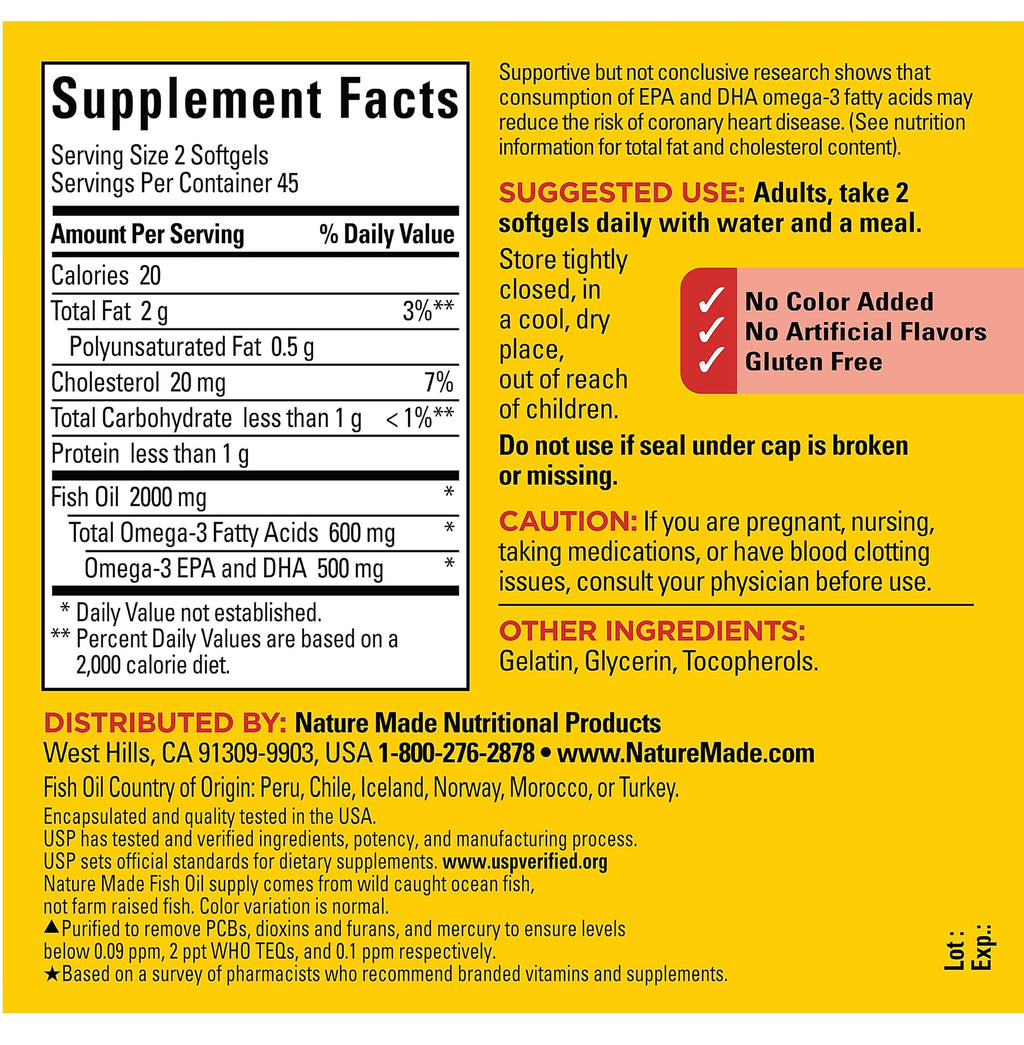 Nature Made Fish Oil 1000 mg Omega 3 Softgels, 90 Count