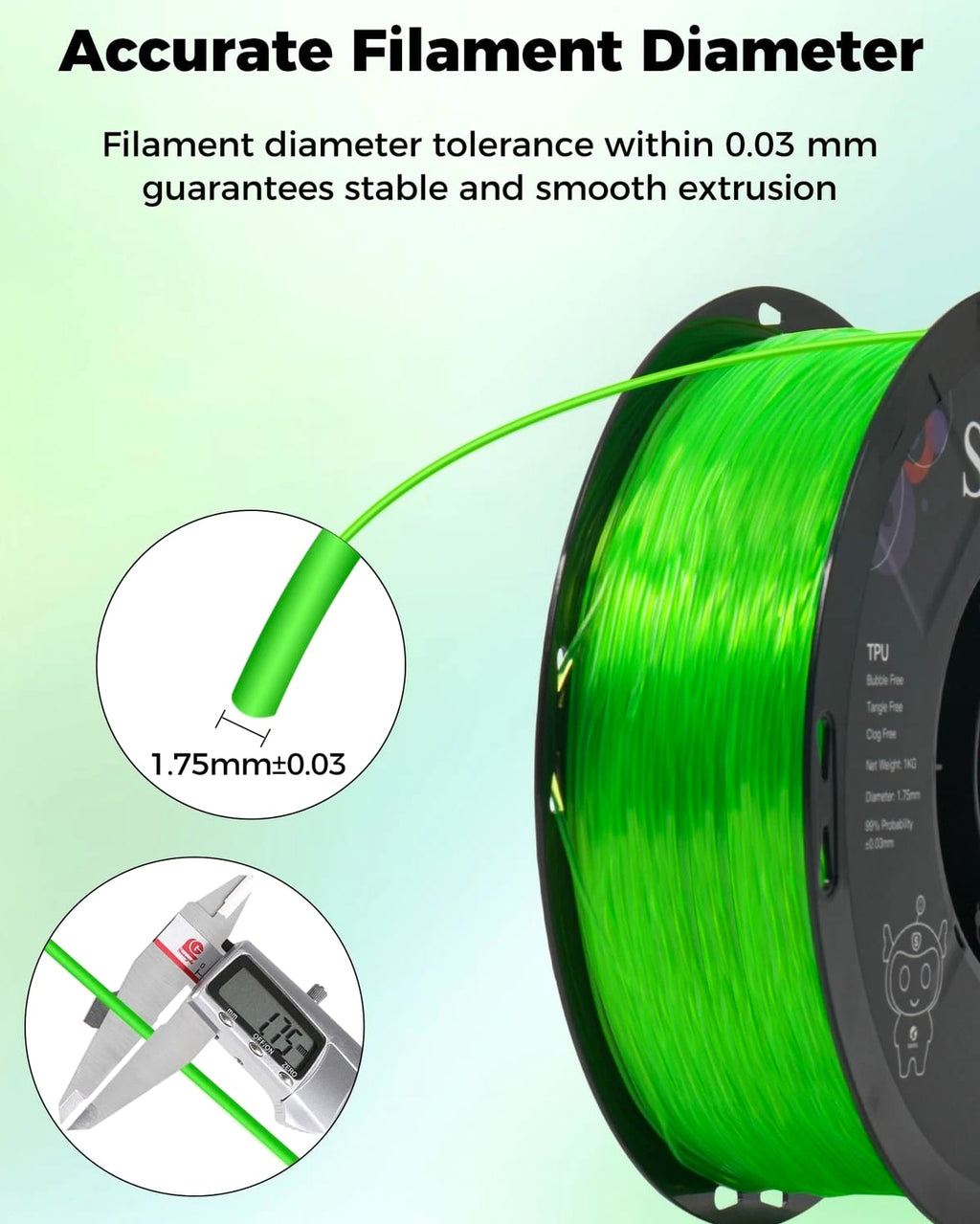 Sovol TPU Filament 1.75mm 95A Soft Flexible 3D Printer - 1 KG Clear Green