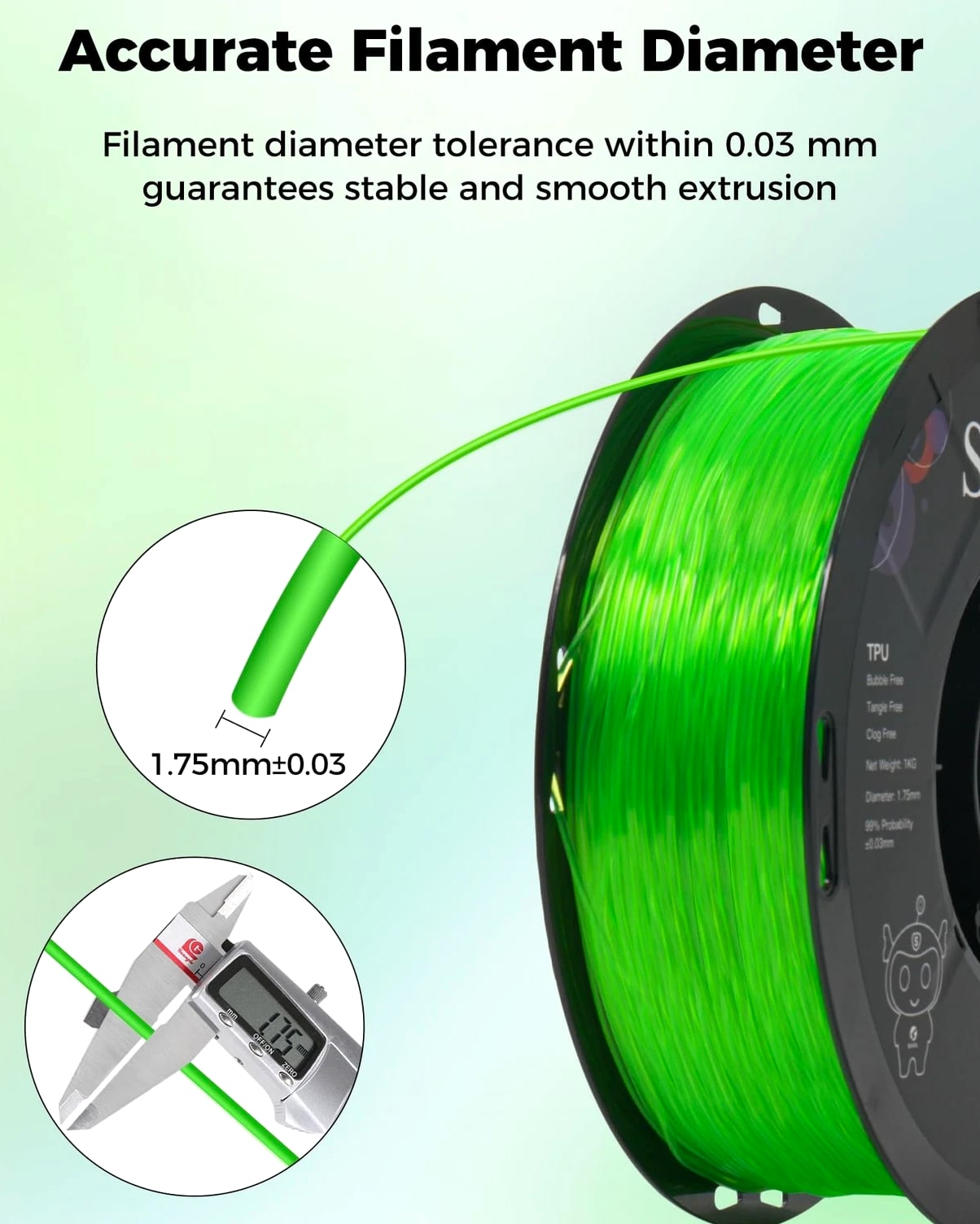 Sovol TPU Filament 1.75mm 95A Soft Flexible 3D Printer - 1 KG Clear Green
