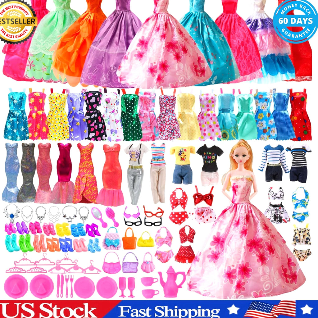 98 PCS Barbie Clothes Doll Fashion Wear Clothing Outfits Dress up Gown Shoes Lot