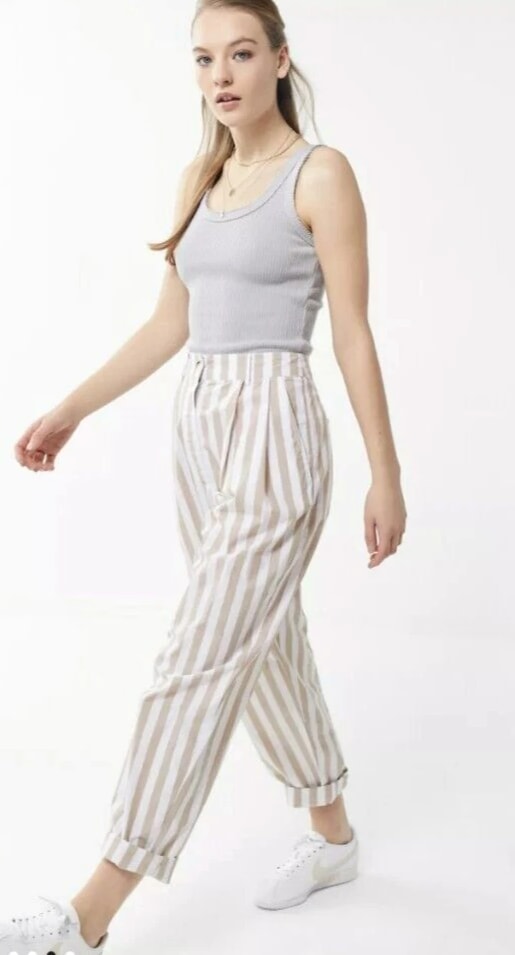 Urban Outfitters UO Percy Pleated High Rise Tapered Pants Size 2 Striped Leg N62