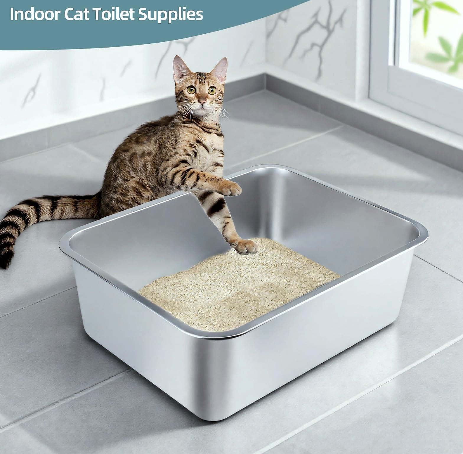 LOPYK Stainless Steel Cat Litter Box, Large 17.7" High-Sided Pan