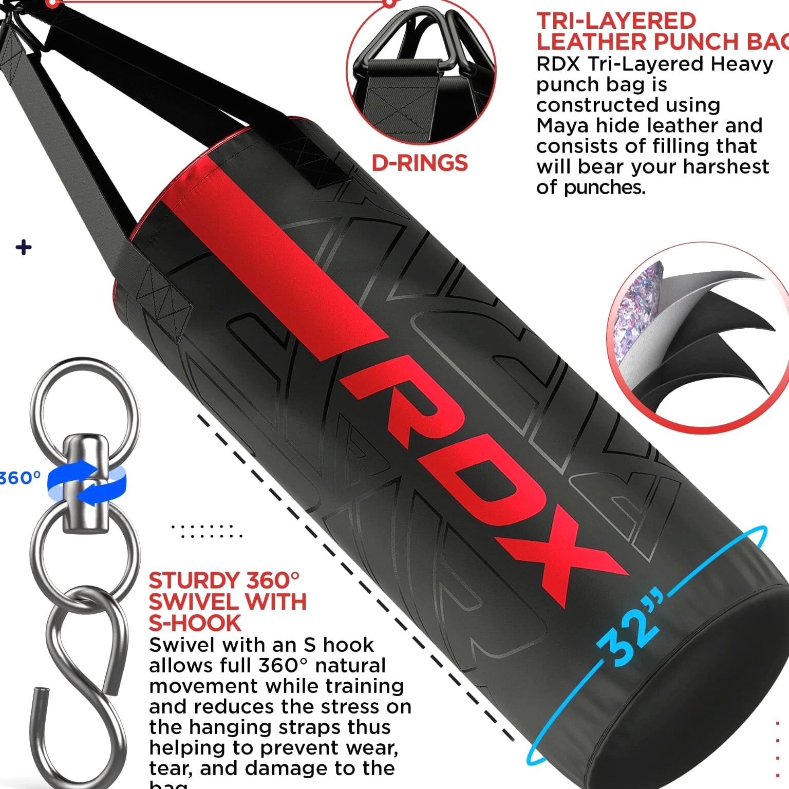 Hanging Punching Bag for Kids by RDX 2FT Leather Filled Punching Bag with Gloves
