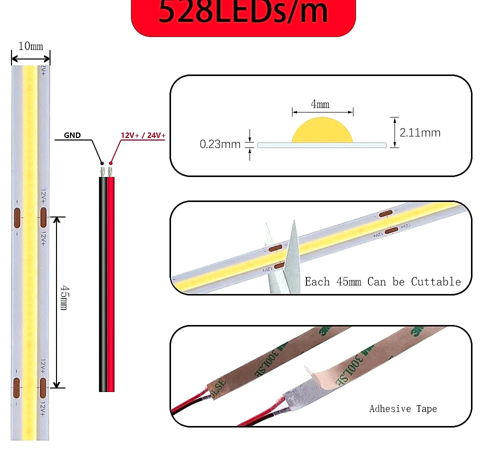 Xnbada COB LED Strip Light 480/528 LEDs/m Flexible