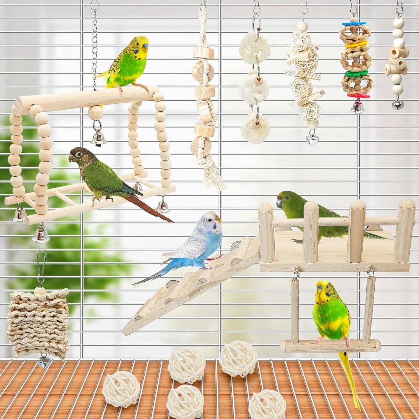 13PCS Hanging Bird Toys Set with Perches and Chew Toys - Perfect for Parakeets