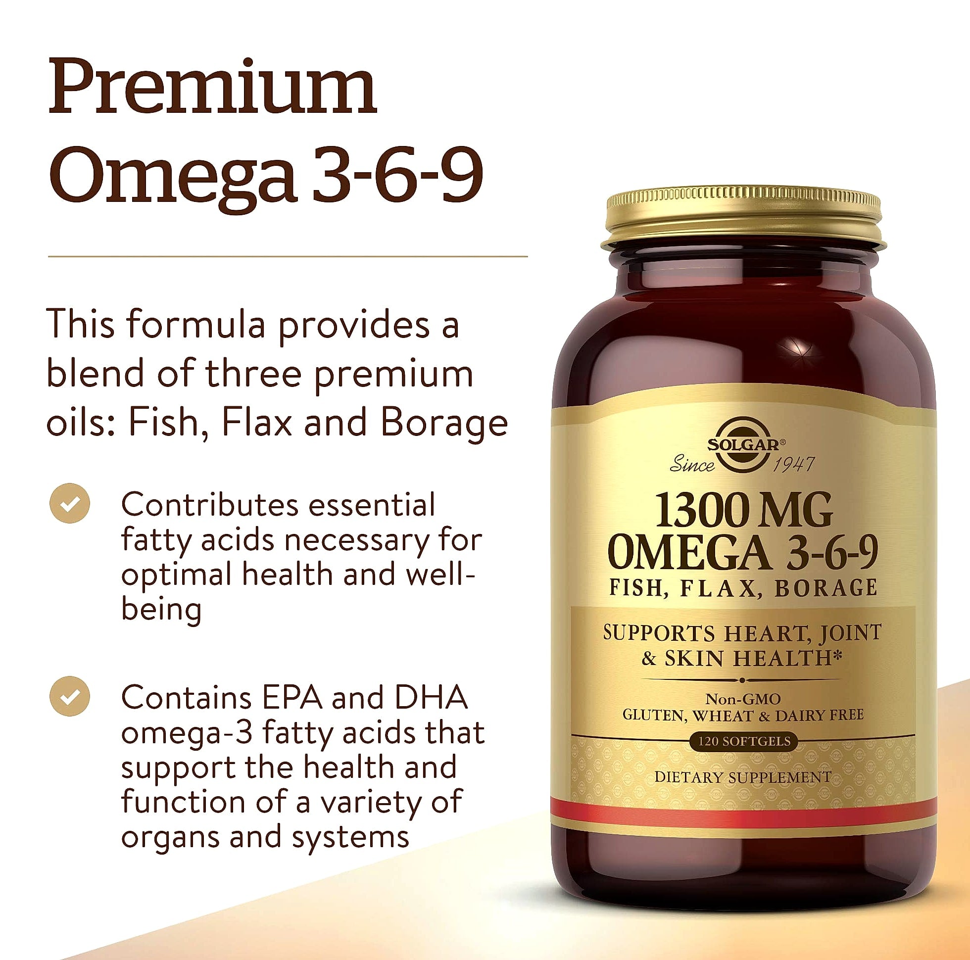 Solgar Omega 3-6-9 1300 mg Fish Oil Softgels, 120 Count