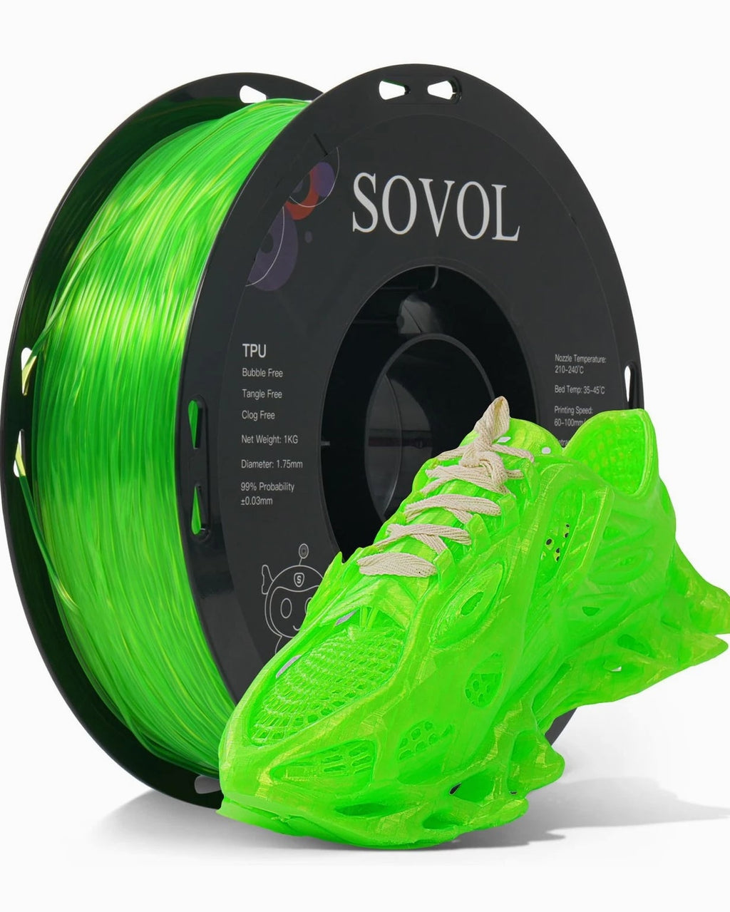 Sovol TPU Filament 1.75mm 95A Soft Flexible 3D Printer - 1 KG Clear Green