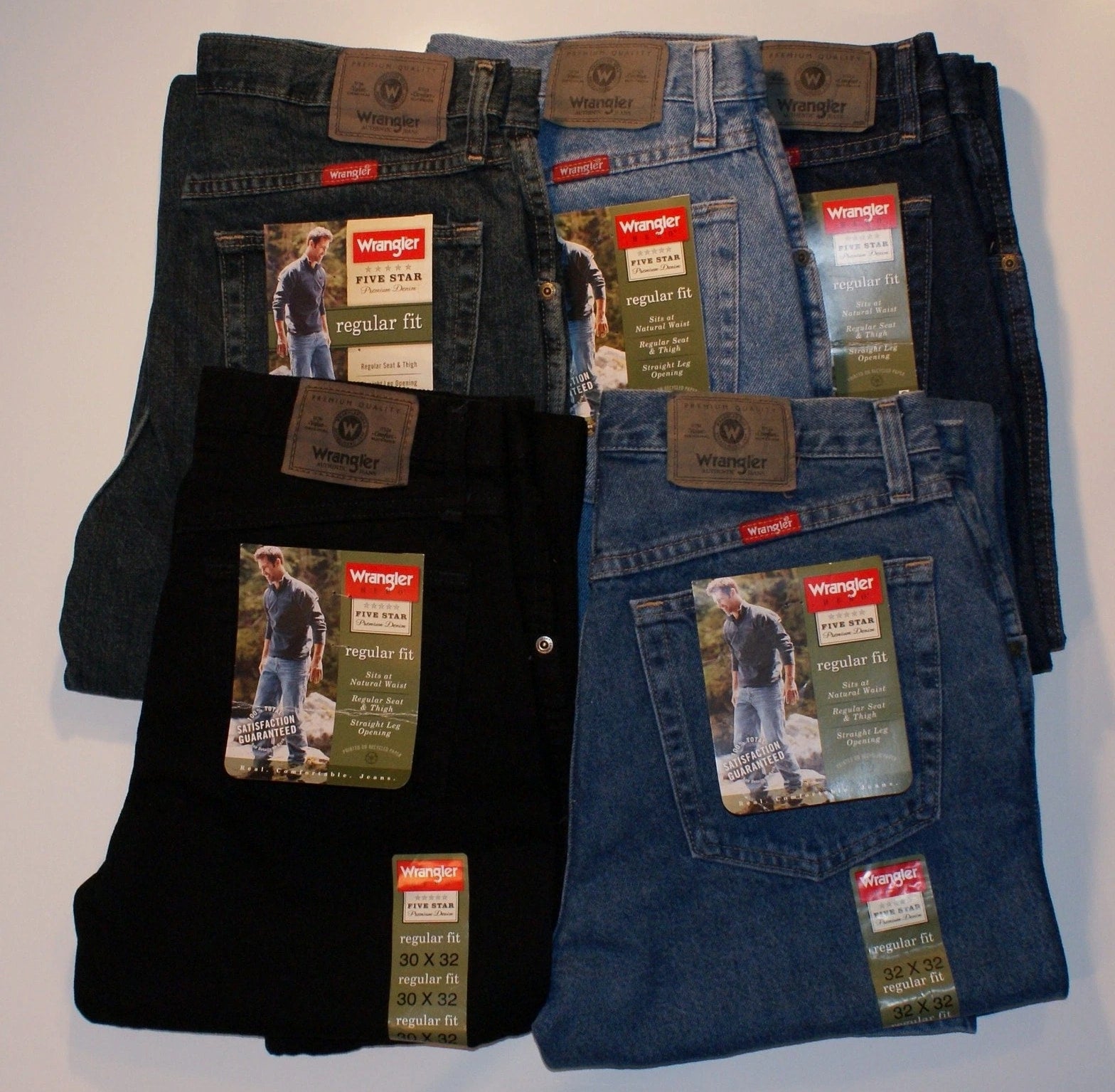 New Wrangler Five Star Regular Fit Jeans Men’s Sizes Five Colors 100% Cotton