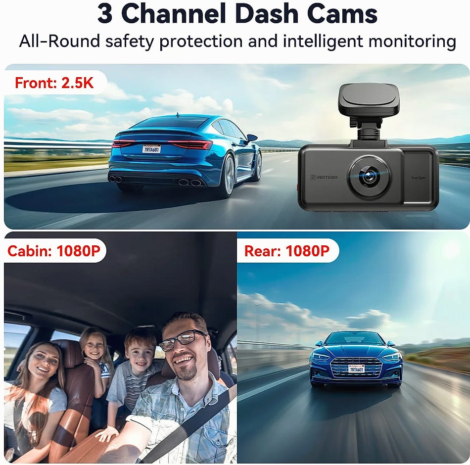 Redtiger A6 4K Dash Cam with GPS and 3-Camera System