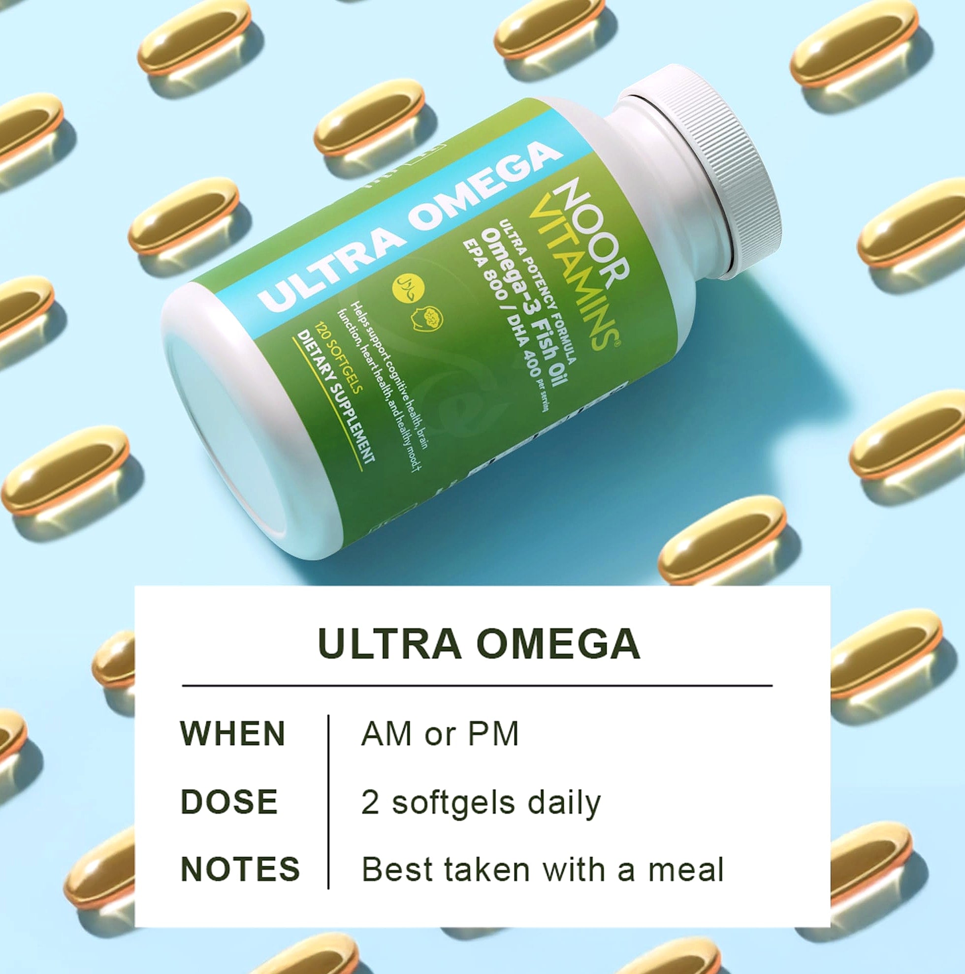 Noor Vitamins Halal Fish Oil Omega 3 Supplement, 800mg EPA