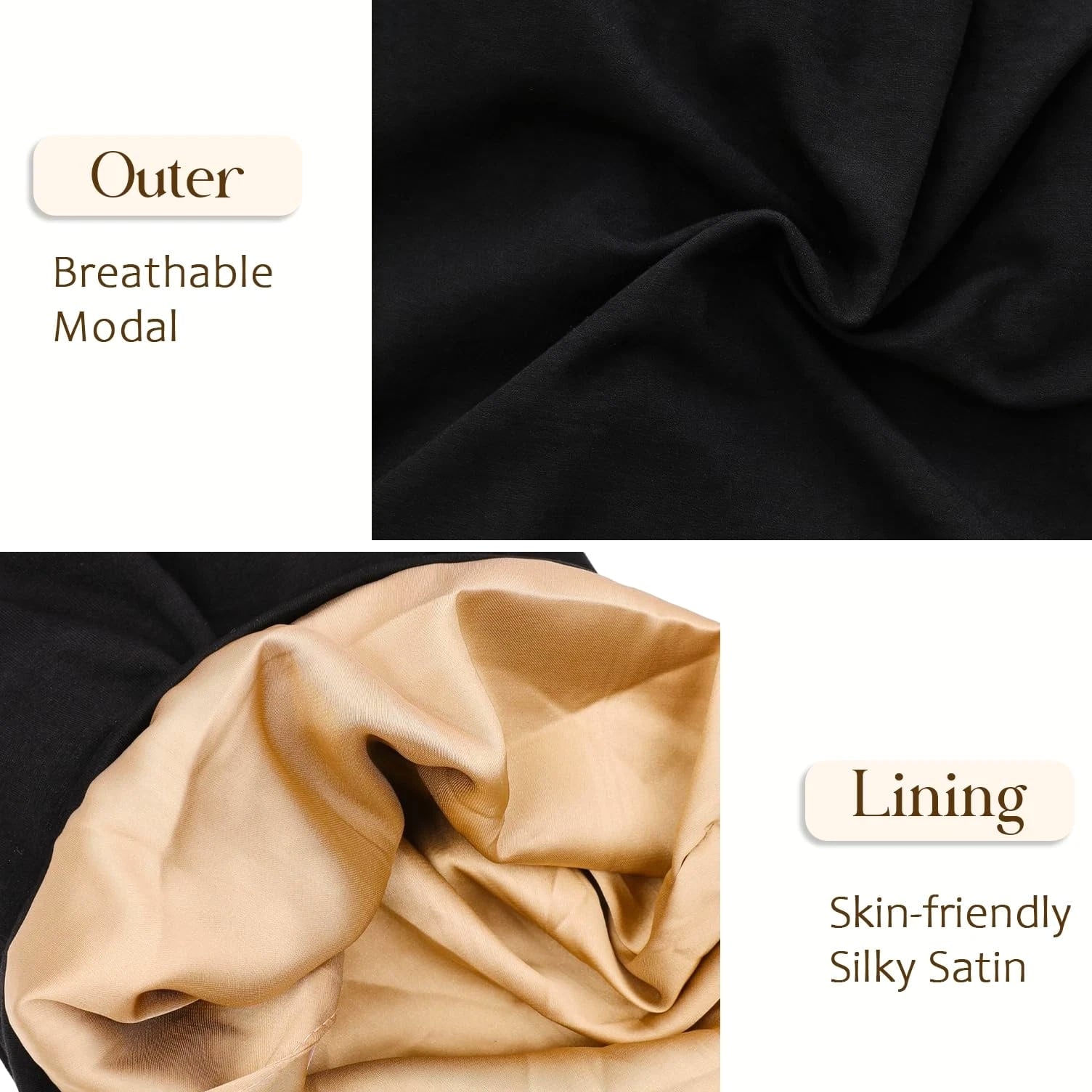 NICPOO Silk Satin Bonnet Hair Wrap for Sleeping, Medium-Large, Black and Khaki