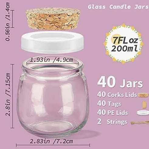 40 Pack Empty Candle Jars for Making, 7oz Small Glass with Cork Lids, Honey