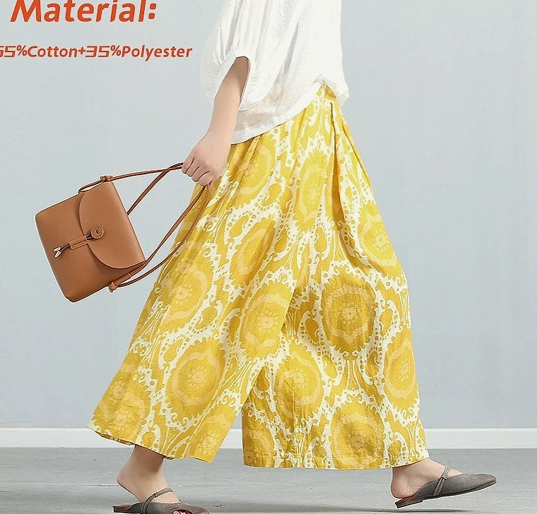 Yellow Linen Blend Wide-leg Casual Pants with Elastic Waist