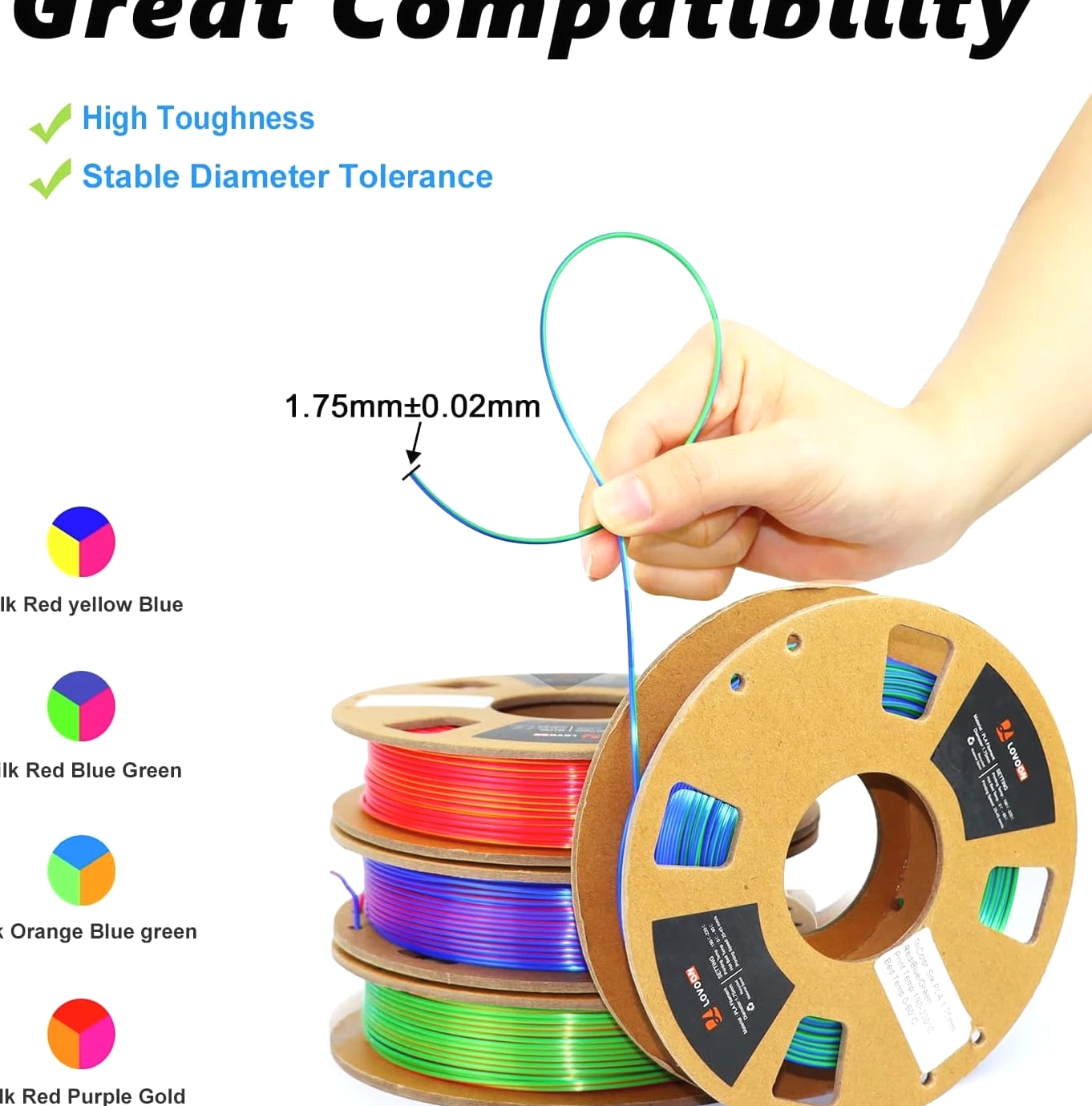 3D PLA Filament 1.75Mm Bundle - Tricolor 3D Printer Filament, Rainbow Silk