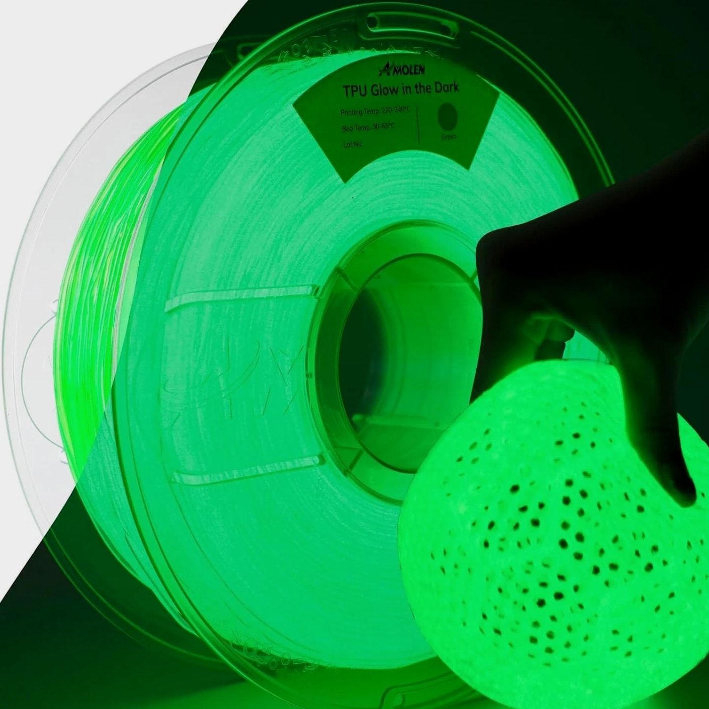 Flexible 95A TPU 3D Printer Filament - 1kg Glow Green for Nighttime Projects